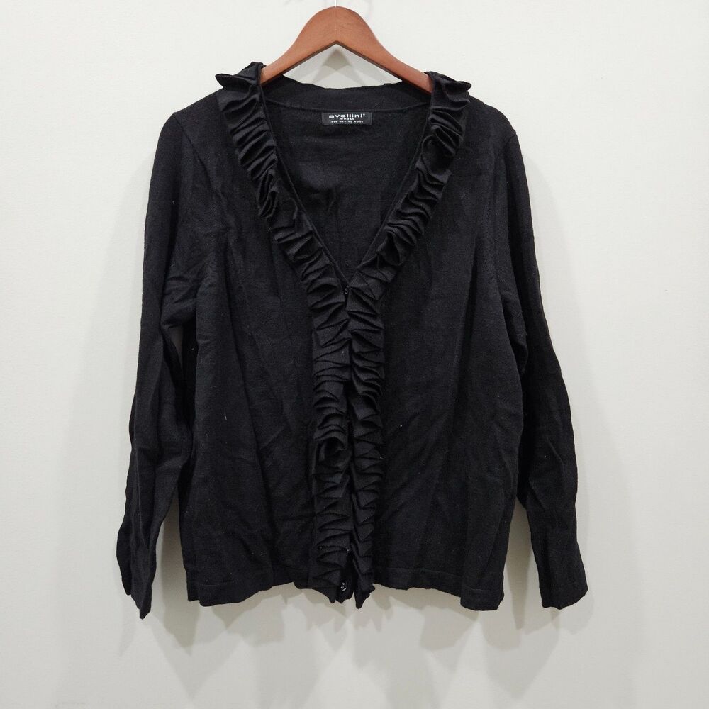 Avellini Merino Wool Knit Cardigan 1X Black Ruffled Romantic Goth Quiet Luxury